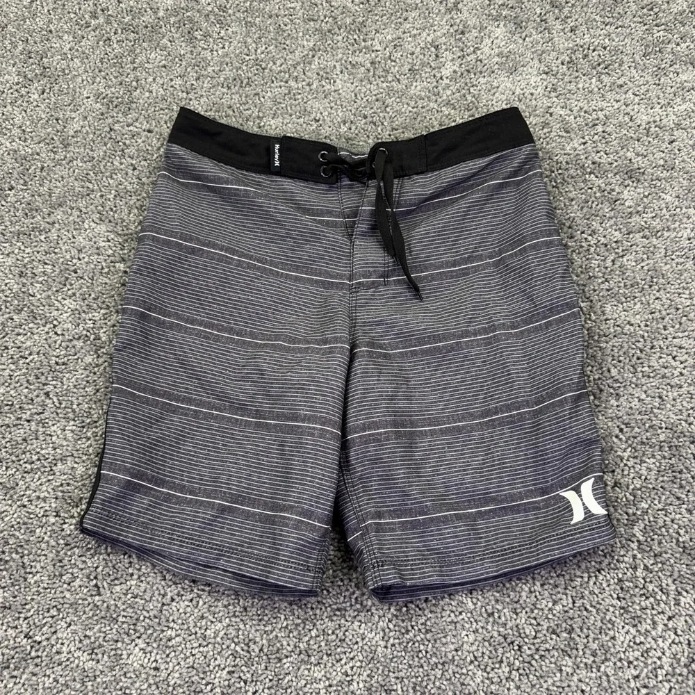 Hurley Board Shorts Boys 12 Gray Striped Swim Trunks Drawstring Surf Beach